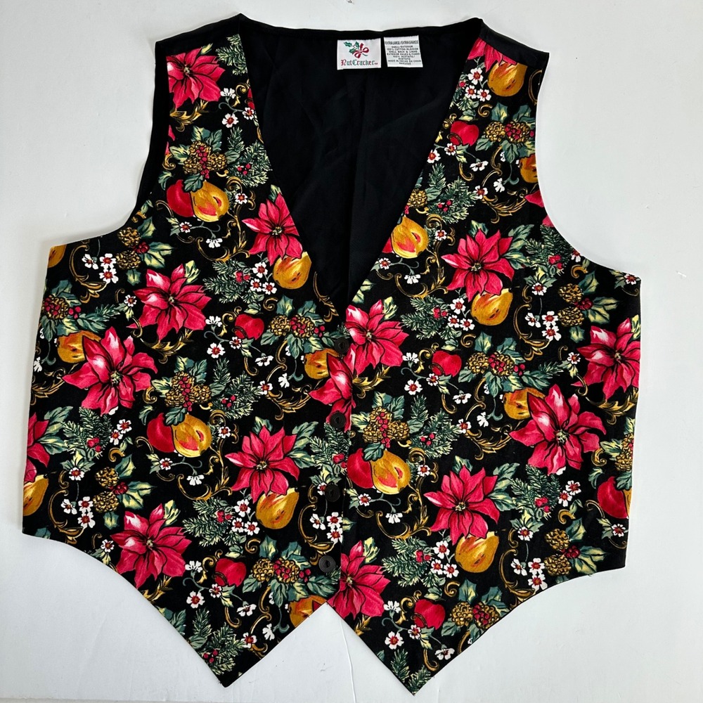 NutCracker Holiday Vest XL Black Red Poinsettia Fruit Floral‎ Christmas Festive